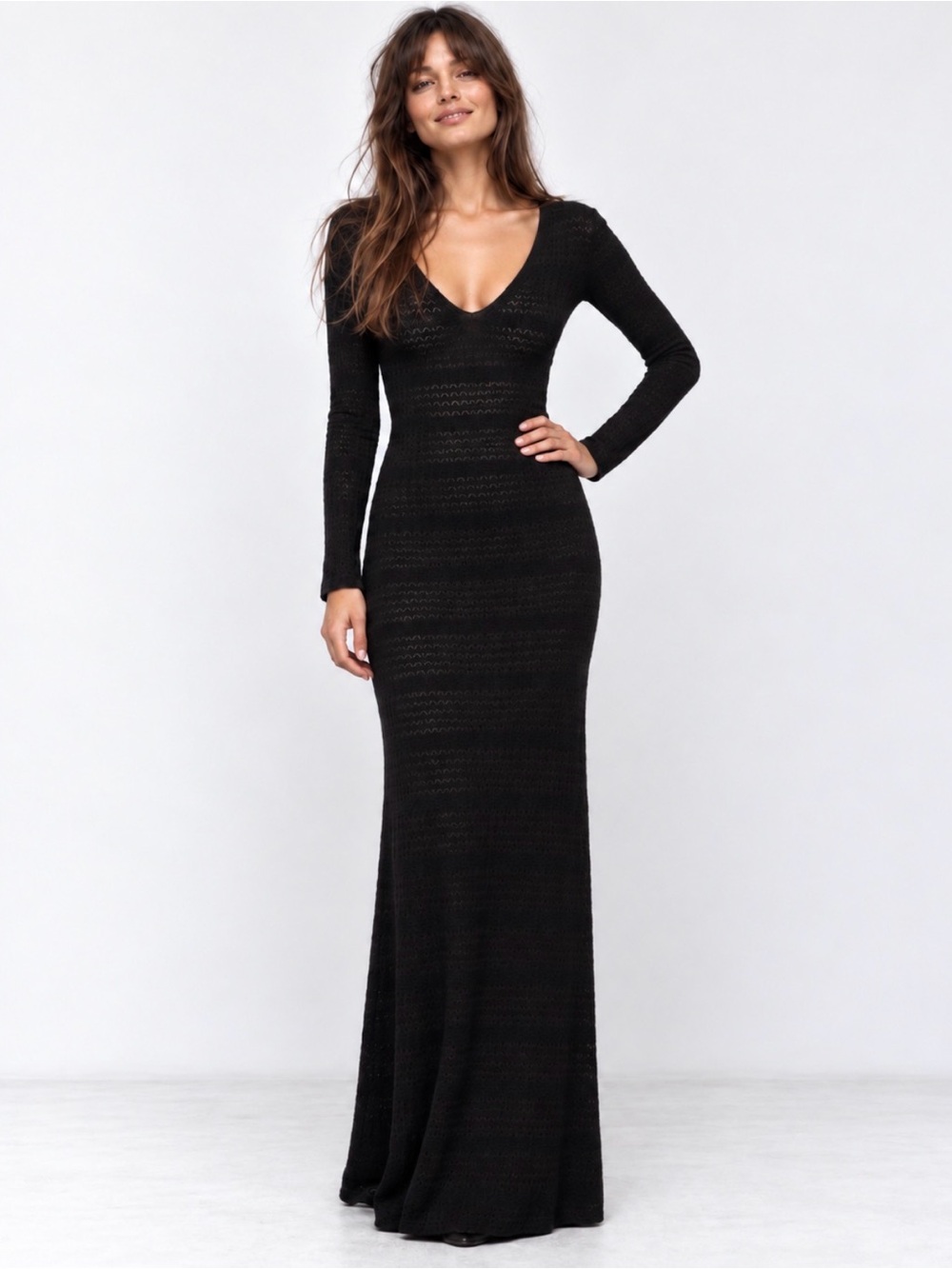 Zara Black Pointelle Knit Maxi Dress Fitted V-Neck Long Sleeve Medium